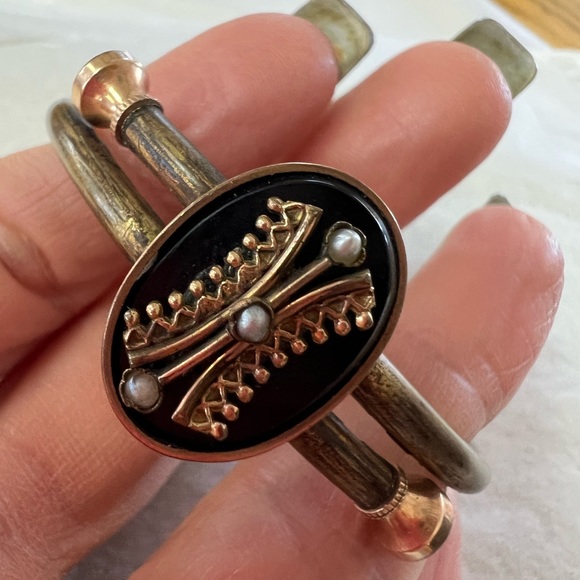 Victorian 1879 bracelet 10k bypass mourning onyx pearl - Picture 4 of 6